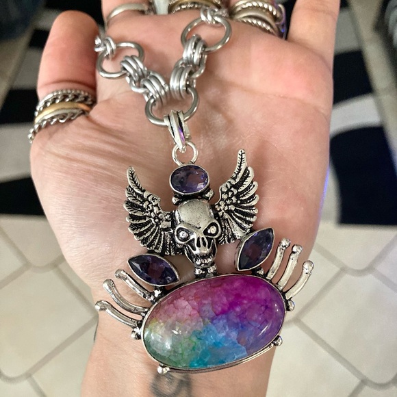 925 sterling silver overlay amethyst & rainbow solar quartz boho skull necklace - Picture 10 of 11